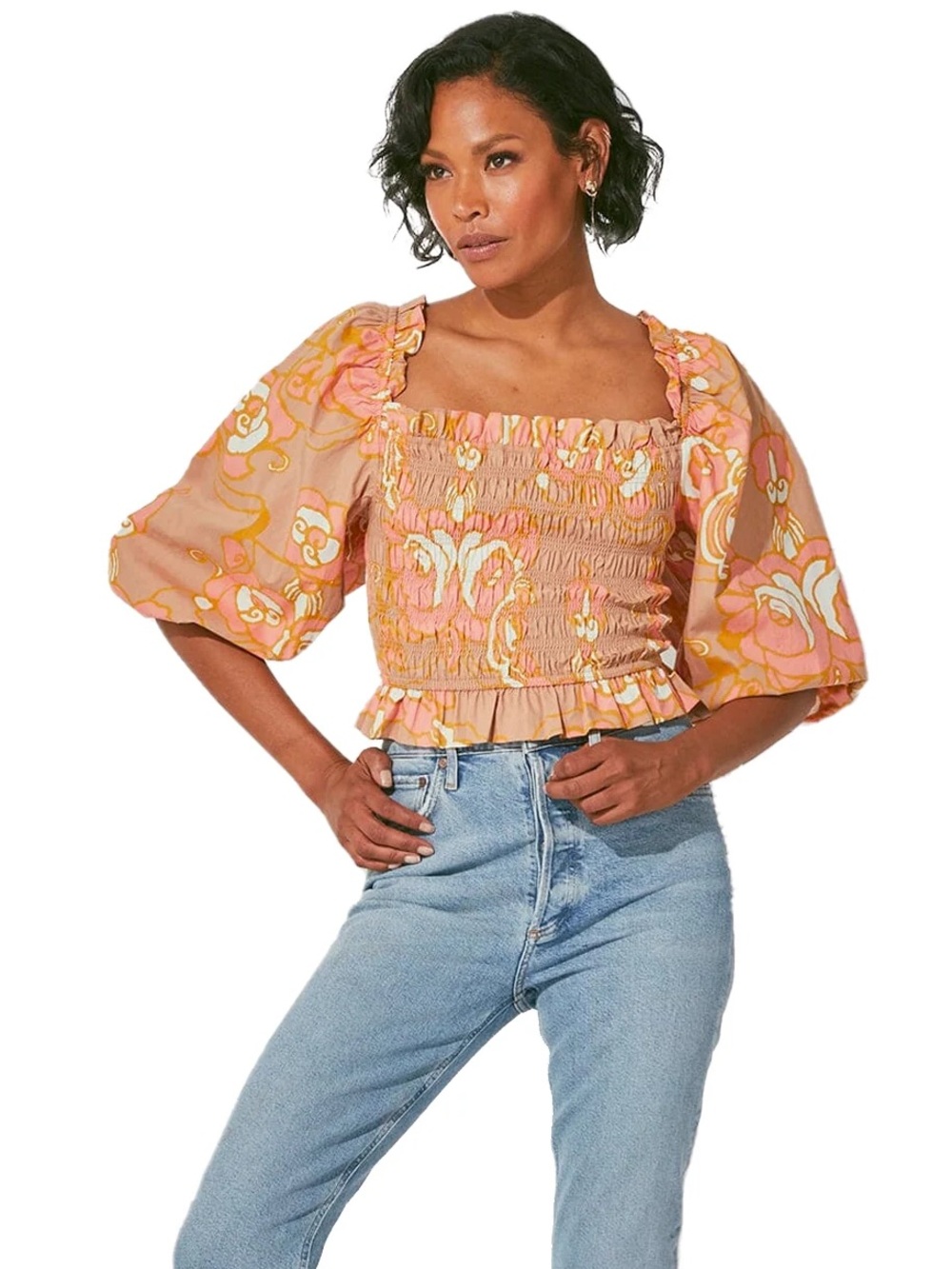 Cleobella Peach and Pink Brown Floral Smocked Puff-Sleeve Crop Top